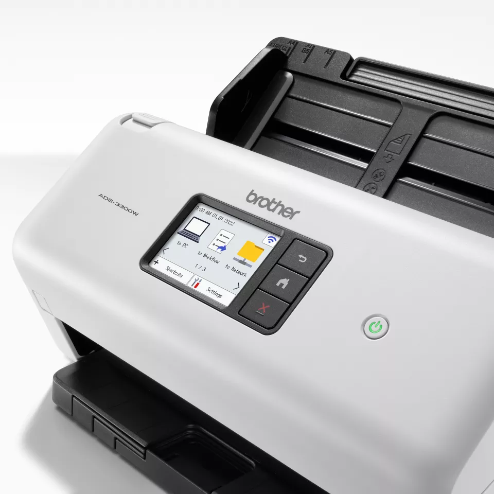 ADS-3300W close up of screen and buttons facing left